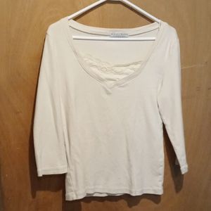 Cream Top Lace Trim 3/4 Sleeve Liz Claiborn Sz S/M